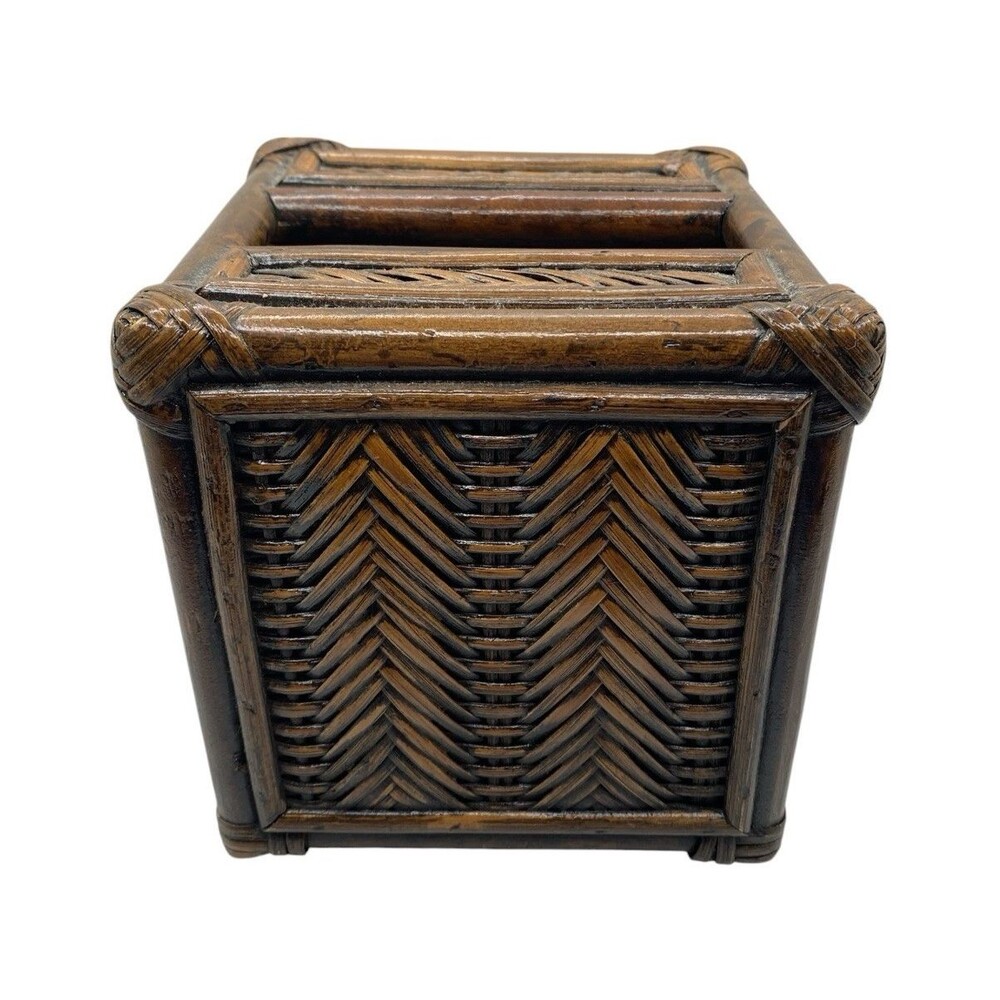Vtg Bamboo Rattan Wicker Tissue Box Cover Holder Square Dark Brown Tiki Vibes
